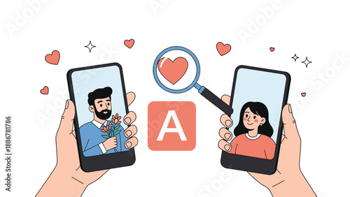 Hands holding smartphones showing profiles of a man and a woman with a magnifying glass over a heart, symbolizing online dating apps.