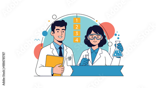 Male and female scientists working together in a laboratory with beakers and research notes, representing teamwork in scientific discovery.