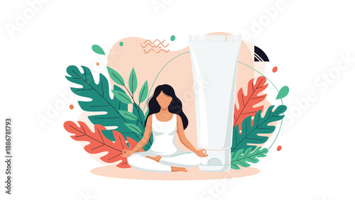 Woman practicing yoga in a lotus pose next to a large cosmetic tube, emphasizing wellness, natural beauty, and holistic health products.