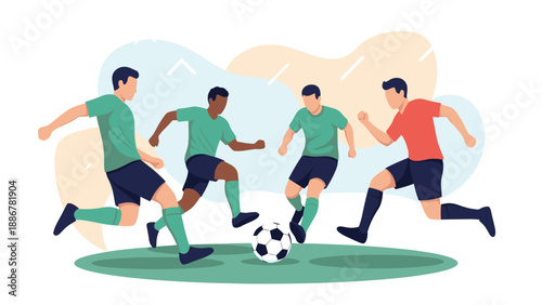 Diverse soccer players competing for the ball on a green field, showcasing teamwork and athletic skill during a fast-paced sports match.