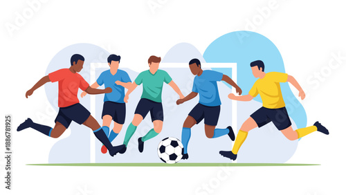 Soccer players in a tense moment near the goal post, with one player ready to kick the ball into the net during a competitive game.