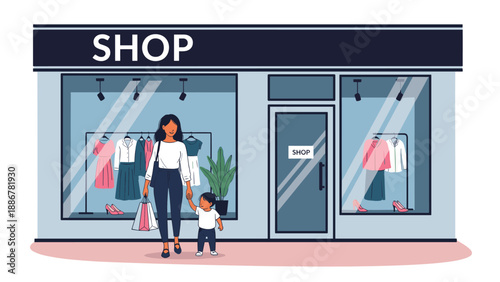 Mother and her young child walking together in front of a clothing shop window, representing family lifestyle and retail experiences.