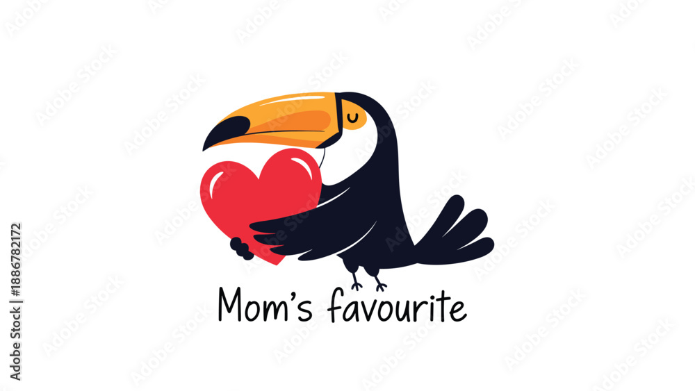 Fototapeta premium Colorful tropical toucan bird hugging a large red heart with text mom's favourite for mother's day celebration.