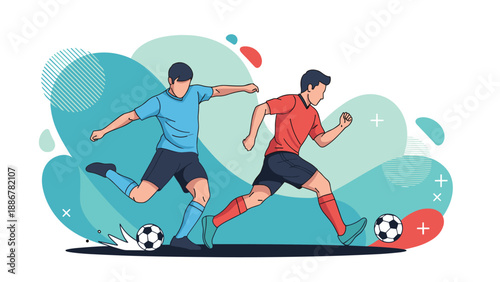 Two professional soccer players in action on the field with dynamic poses and abstract shapes in the background.