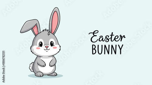 Cute gray easter bunny character standing on a light blue background with festive text for spring holiday greetings.