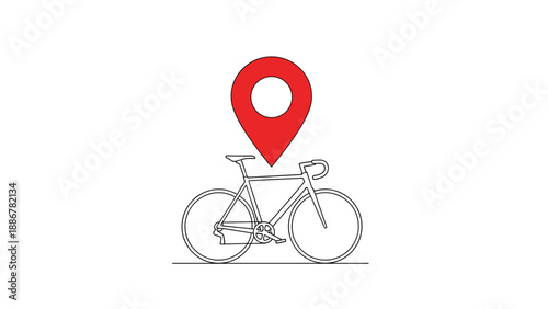 Outline of a road bicycle with a red location pin symbol above it representing bike sharing or travel destinations.
