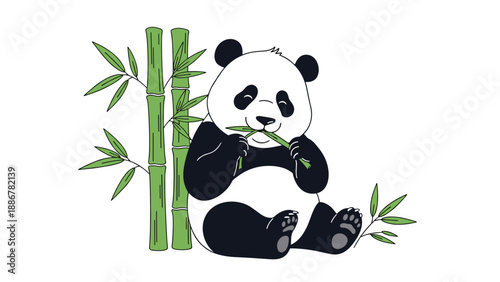 Giant panda bear sitting and eating green bamboo shoots on a white background representing wildlife conservation.