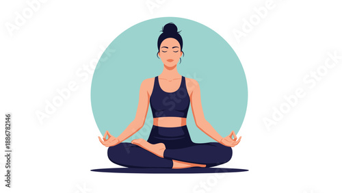 Young woman in dark activewear sitting in lotus meditation pose against a circular background for health and wellness.