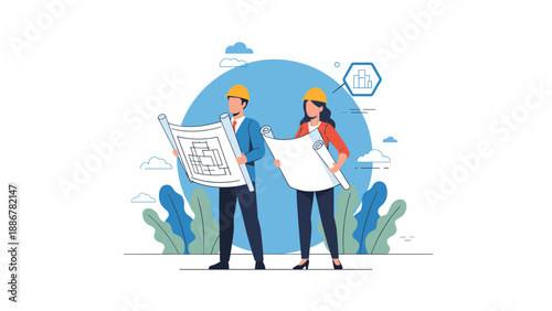 Two professional engineers wearing yellow hard hats and holding large construction blueprints for a new building project.