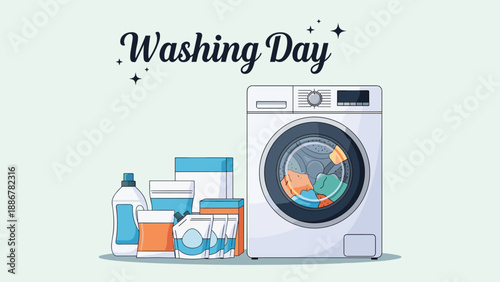 Modern front loading washing machine surrounded by various laundry detergent bottles and bags on a washing day.