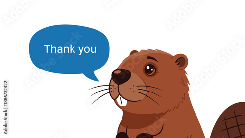 Cute brown beaver character with a speech bubble saying thank you representing gratitude and polite communication.