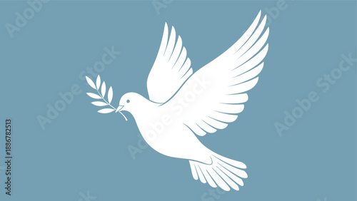 White dove of peace carrying an olive branch in flight symbolizing hope and harmony on a solid blue background.