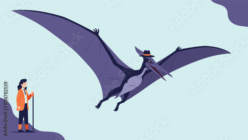 Surreal illustration of a giant pteranodon wearing a hat flying through the sky over a man standing on the ground.