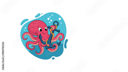 Cute pink octopus character holding a blue nautical anchor under the sea with bubbles and water splash background.