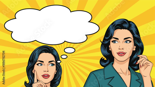 Pop art comic style illustration of two women with one thinking deeply next to a large blank thought bubble.