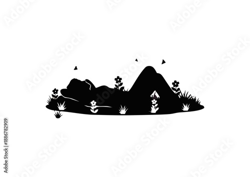 Serene minimalist silhouette depicting an individual in peaceful repose amidst a tranquil natural landscape with blooming flowers and gentle hills, embodying relaxation and harmony