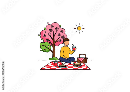 A delightful outdoor picnic scene with a person enjoying food and drink under a blooming tree on a sunny day, perfect for illustrating leisure and nature