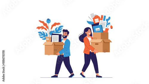 Man and woman carrying cardboard boxes filled with office supplies and plants while moving into a new workspace.