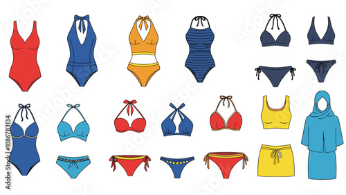 Collection of diverse womens swimwear styles including bikinis one pieces and modest burkini for beach and pool fashion.