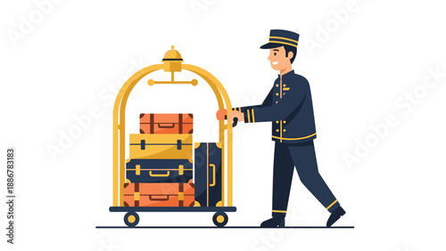 Hotel bellboy in a uniform pushing a luggage cart filled with suitcases to assist guests with their travel bags.