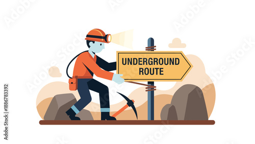 Miner Looks At The Sign Of Underground Route And An Axe Beside Him