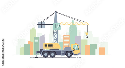 Modern City Building Construction Crane Lifting Process Vector Illustration Graphic Design Concept