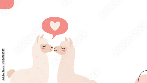 Two cute white llamas touching noses with a pink heart in a speech bubble above them, symbolizing affection, friendship, and romantic love.
