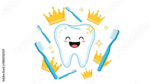 Happy smiling tooth character surrounded by several golden royal crowns and blue toothbrushes, promoting excellent dental hygiene and oral health.