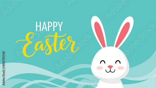 Cheerful white Easter bunny smiling against a turquoise background with wavy white lines and a festive happy Easter greeting in yellow text.