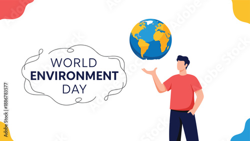 Young man in a red shirt holding his hand out towards a floating globe of the earth to celebrate world environment day and planetary care.