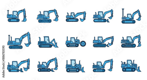 Modern Collection Of Blue Heavy Construction Excavator And Earthmoving Machine Icons Vector Set