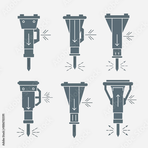 Modern Collection Of Jackhammer Icons Representing Heavy Duty Demolition And Building Tools