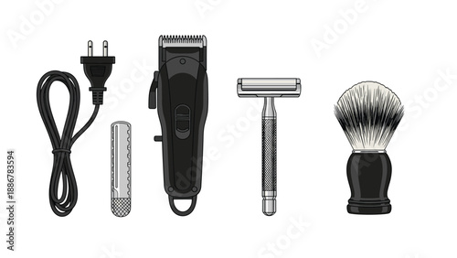 Set of professional barber tools including an electric clipper, a safety razor, a shaving brush, and a power cord for grooming and male styling.