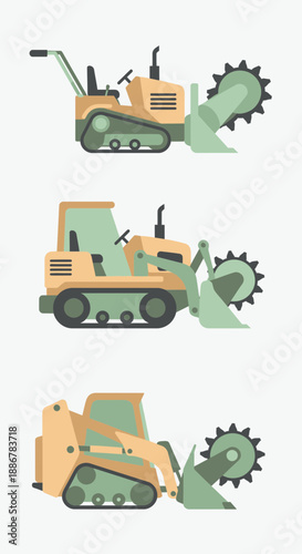 Modern Compact Trenching Machine Vector Illustration Set For Excavation Projects And Groundwork