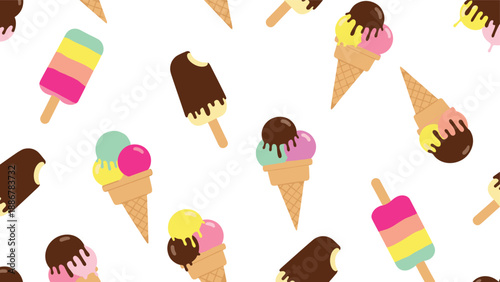 Colorful seamless pattern of various ice cream treats including cones with multiple scoops and popsicles in different flavors and bright shapes.