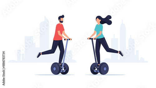 Man and woman riding electric two wheeled self balancing scooters through a city with a silhouetted skyline in the background for clean travel.