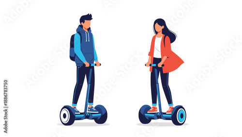 Young man and woman standing on modern electric gyroscope scooters for personal transportation against a clean white background in a vector image.