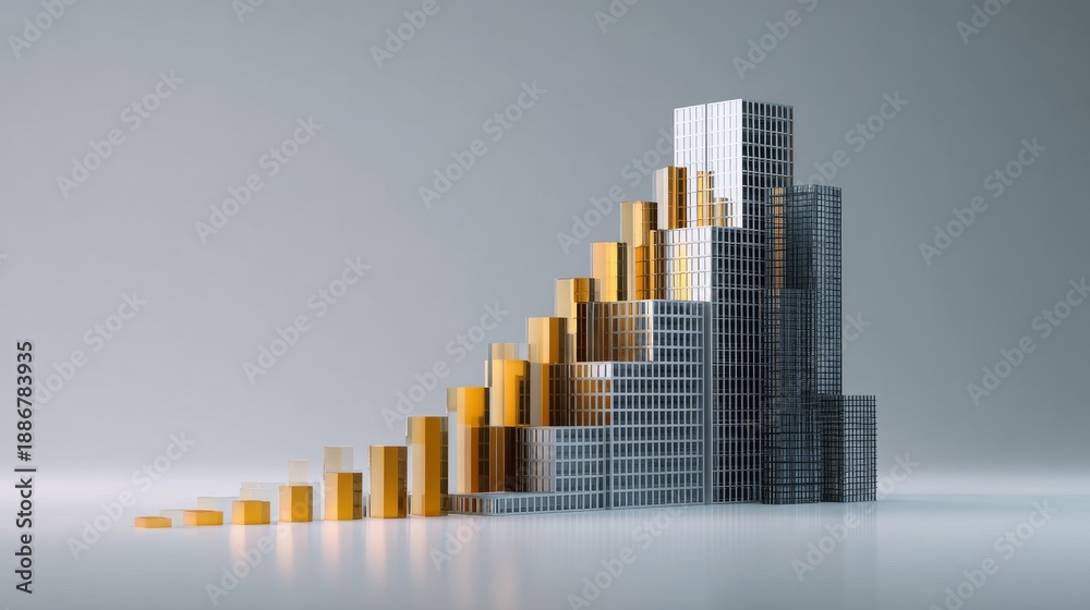Fototapeta premium A conceptual image depicts buildings in a rising step formation, transitioning from gold to silver, symbolizing growth