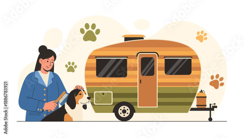 Mobile Grooming Services With a Friendly Groomer and Happy Dog in the Caravan