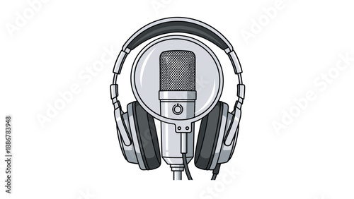 Professional condenser microphone framed by over-ear studio headphones for podcasting, recording, and audio production concepts.