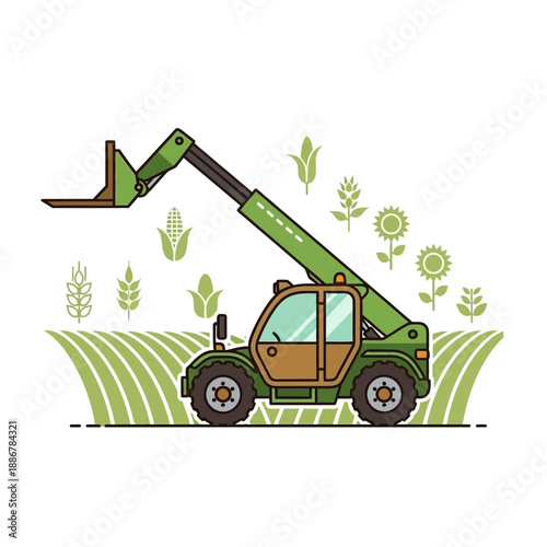 Modern Agricultural Telehandler Forklift Machine Operating In A Vibrant Green Farm Field