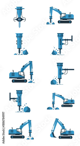 Modern Blue Hydraulic Hammer And Excavator Illustrations For Heavy Construction Demolition Work
