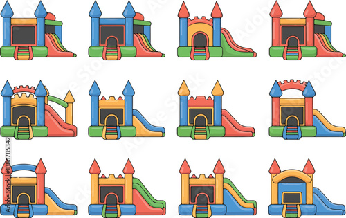 Colorful Inflatable Bounce House Set  Bouncy Castle and Slides for Kids Party Event Icons