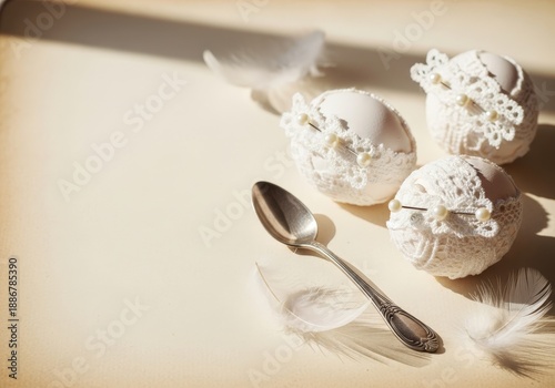 Wallpaper Mural Elegant White Decorative Eggs with Lace and Pearls on Soft Background Torontodigital.ca