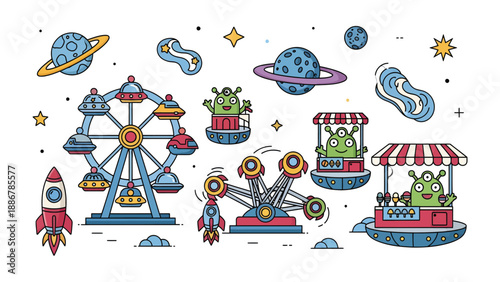 Cosmic Carnival: A whimsical illustration of an intergalactic amusement park, featuring a rocket ship, Ferris wheel, and playful aliens amid planets and stars.