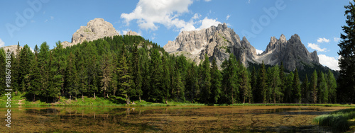 The Cadini Dolomites mountain range seen from Lake Antorno. The Cadini di Misurina are a striking mountain range (Eastern Dolomites) near Lake Misurina and the Tre Cime di Lavaredo. Veneto, Italy.