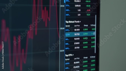 close up smartphone with laptop and open stock exchange, trading Online app interface. Man hand scrolling touch screen analysing chart forex crypto currency.