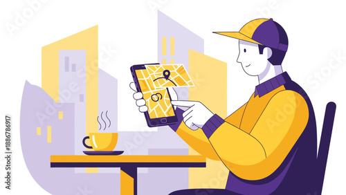 Modern Delivery Courier Navigating City With App While Having Coffee Break