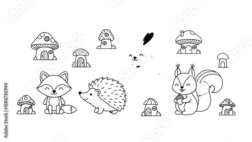 Whimsical Forest Friends: A charming black and white illustration of playful forest creatures surrounded by fairy-tale mushroom houses, evoking a sense of joy and wonder.