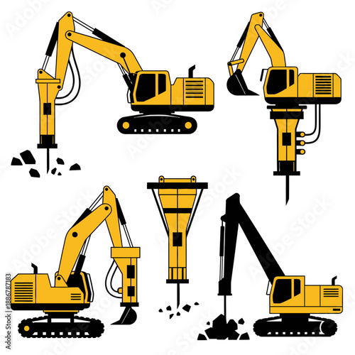 Modern Construction Equipment Icons Featuring Excavators And Jackhammers In Action